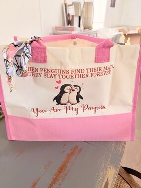 Pink and Cream Penguin Canvas Tote Bag - You Are My Penguin
